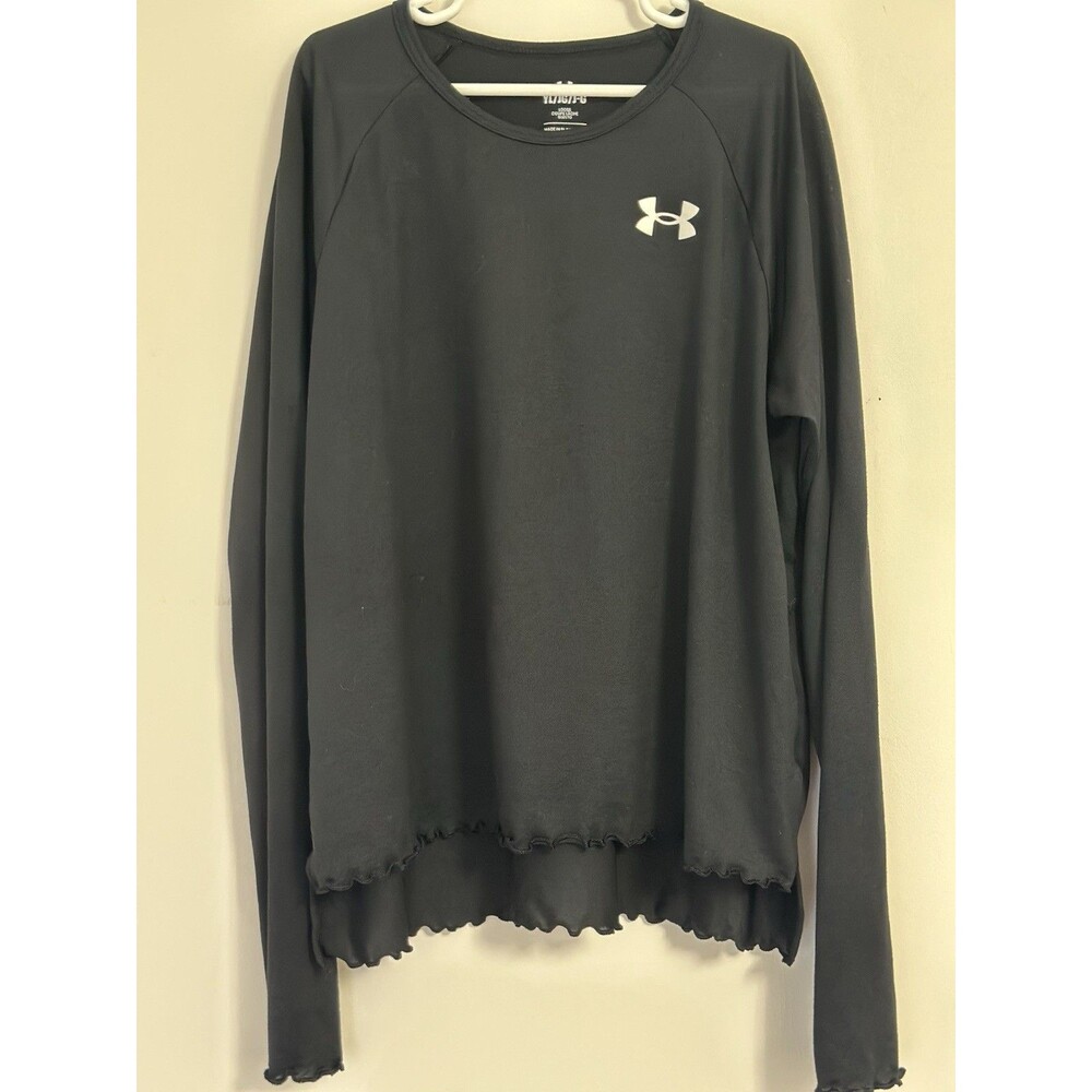 Girls Under Armour Size YL Black Athletic Shirt With Ruffled Sleeve + Hem